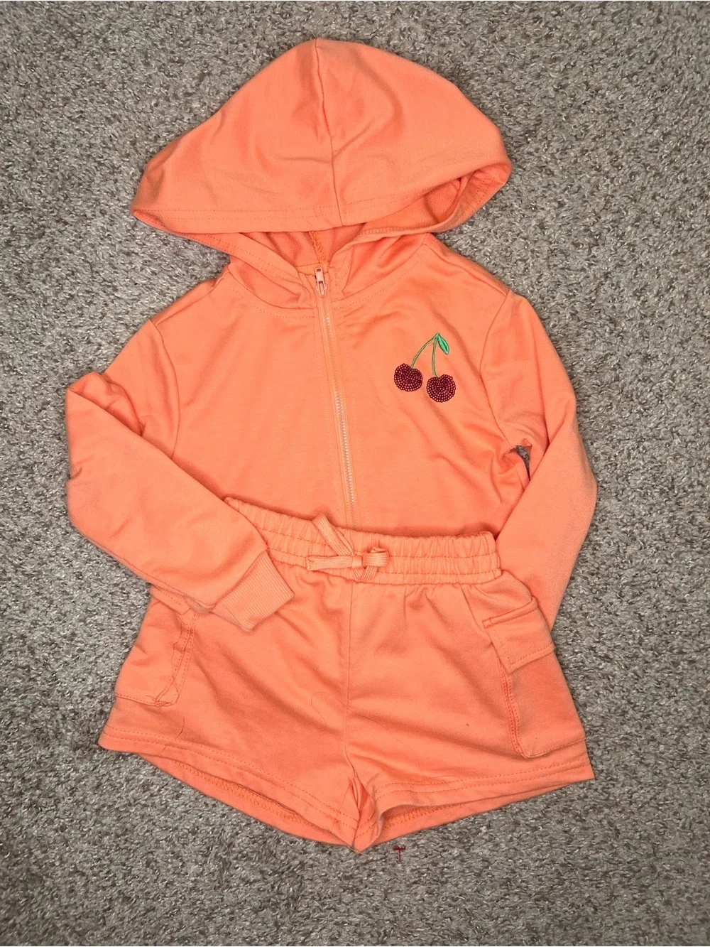 BTween Girls 2-Piece Set 5T Orange Cherry Hoodie & Shorts Outfit Cute Summer Set